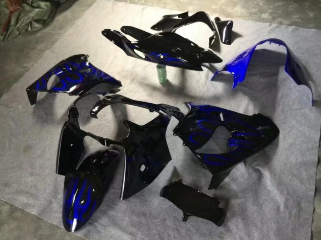 2000-2001 Glossy Black Blue Flame Kawasaki ZX9R Moto Fairings