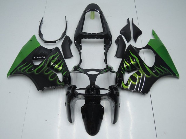 2000-2002 Black with Green Flame Kawasaki ZX6R Motorcyle Fairings