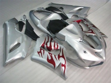 2005-2006 Silver Red Flames Kawasaki ZX6R Motorcycle Fairings