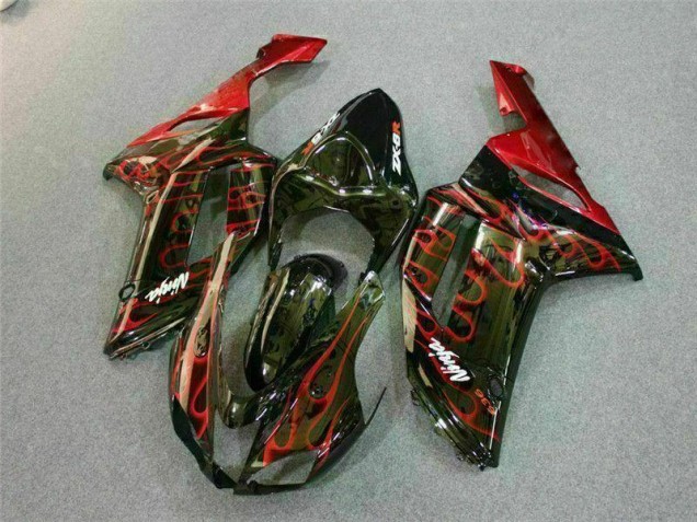 2007-2008 Black Red Flame Kawasaki ZX6R Motor Bike Fairings