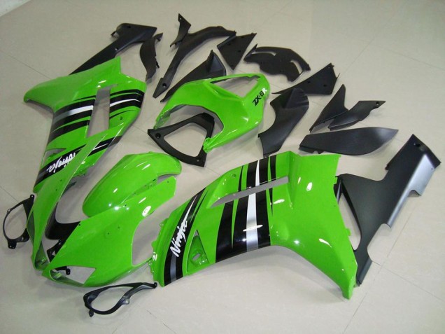 2007-2008 Green and Silver Stripe Kawasaki ZX6R Motorcycle Fairings Kits